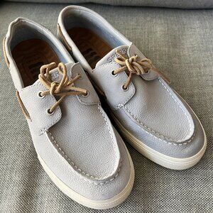 Sperry Bahama Plushwave Boat Shoes in Light Gray Leather, Men's 9.5